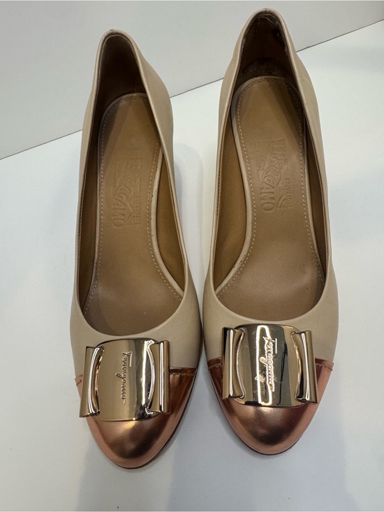 Salvatore Ferragamo Shoes - Salvatore Ferragamo Beige Flats with Rose Gold Toe and Gold Plaque